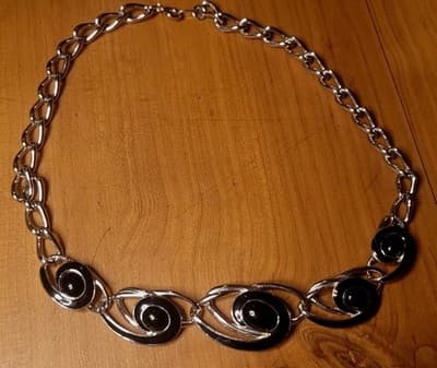 Vintage Trifari Silver-Tone Black Enamel Statement Necklace – Modernist Design - Thumbnail 3