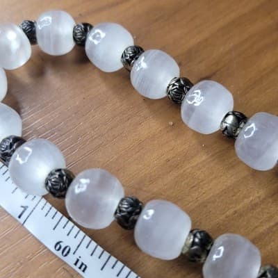 Natural White Satin Spar Selenite Nugget Bead Necklace Metal Spacers - Thumbnail 7