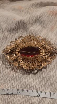 Victorian Revival Red Rhinestone Filigree Gold Tone Brooch 3" - Thumbnail 10
