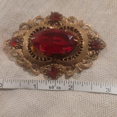 Victorian Revival Red Rhinestone Filigree Gold Tone Brooch 3" - Thumbnail 2