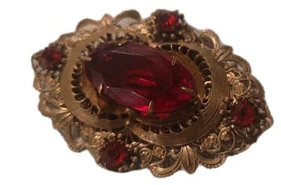 Victorian Revival Red Rhinestone Filigree Gold Tone Brooch 3" - Image 1
