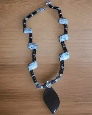 Dalmatian Jasper & Black Bead Pendant Necklace – Rhinestone Bail – 22" Handmade - Image 1