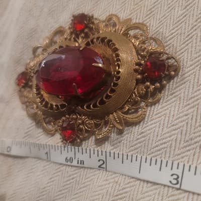 Victorian Revival Red Rhinestone Filigree Gold Tone Brooch 3" - Thumbnail 5