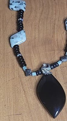 Dalmatian Jasper & Black Bead Pendant Necklace – Rhinestone Bail – 22" Handmade - Thumbnail 2