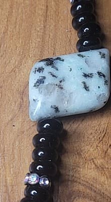 Dalmatian Jasper & Black Bead Pendant Necklace – Rhinestone Bail – 22" Handmade - Thumbnail 3