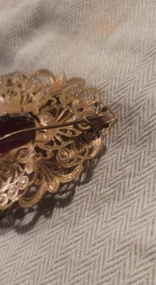 Victorian Revival Red Rhinestone Filigree Gold Tone Brooch 3" - Thumbnail 7