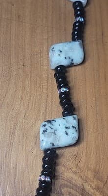 Dalmatian Jasper & Black Bead Pendant Necklace – Rhinestone Bail – 22" Handmade - Thumbnail 4
