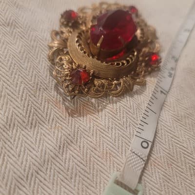 Victorian Revival Red Rhinestone Filigree Gold Tone Brooch 3" - Thumbnail 4