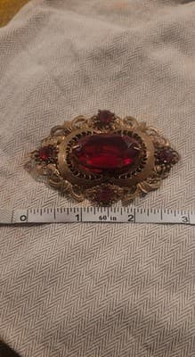Victorian Revival Red Rhinestone Filigree Gold Tone Brooch 3" - Thumbnail 3