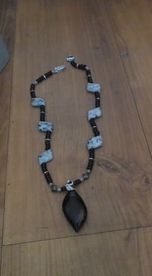 Dalmatian Jasper & Black Bead Pendant Necklace – Rhinestone Bail – 22" Handmade - Thumbnail 9