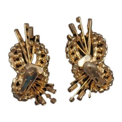Vintage Green Rhinestone Clip Earrings Gold Tone Atomic Spray - Thumbnail 3
