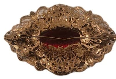 Victorian Revival Red Rhinestone Filigree Gold Tone Brooch 3" - Thumbnail 6