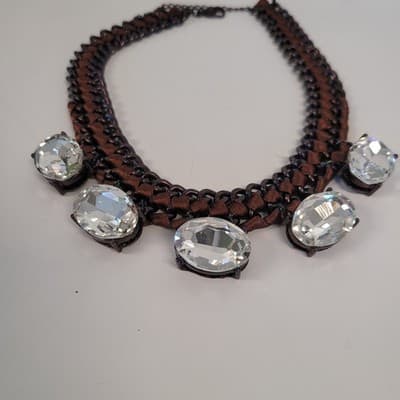 VCLM™ Couture Statement Necklace – Gunmetal Chain, Brown Ribbon, Oversized... - Thumbnail 2