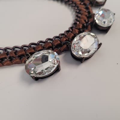 VCLM™ Couture Statement Necklace – Gunmetal Chain, Brown Ribbon, Oversized... - Thumbnail 3
