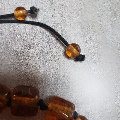 Chunky Golden Honey Amber Glass Bead Black Cord Necklace - Thumbnail 4