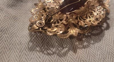 Victorian Revival Red Rhinestone Filigree Gold Tone Brooch 3" - Thumbnail 8