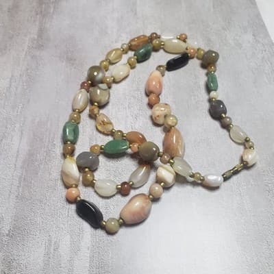VINTAGE AGATE CARNELIAN QUARTZ BEAD BRASS NECKLACE STRAND STONE - Image 1