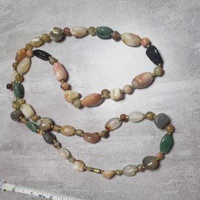 VINTAGE AGATE CARNELIAN QUARTZ BEAD BRASS NECKLACE STRAND STONE - Thumbnail 2