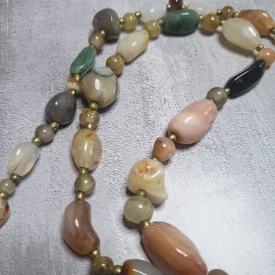 VINTAGE AGATE CARNELIAN QUARTZ BEAD BRASS NECKLACE STRAND STONE - Thumbnail 3