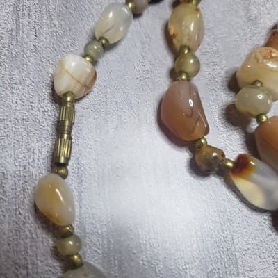 VINTAGE AGATE CARNELIAN QUARTZ BEAD BRASS NECKLACE STRAND STONE - Thumbnail 4