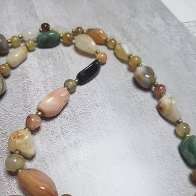 VINTAGE AGATE CARNELIAN QUARTZ BEAD BRASS NECKLACE STRAND STONE - Thumbnail 6
