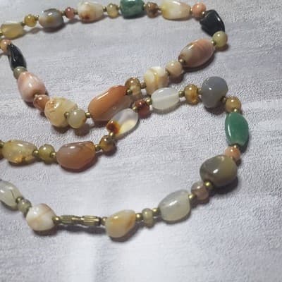 VINTAGE AGATE CARNELIAN QUARTZ BEAD BRASS NECKLACE STRAND STONE - Thumbnail 10