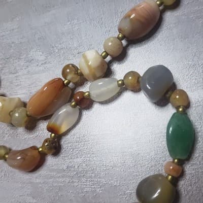 VINTAGE AGATE CARNELIAN QUARTZ BEAD BRASS NECKLACE STRAND STONE - Thumbnail 11