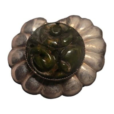 Carved Pierced Flower Dark Green Marbled Bakelite Brooch Pin Silver Toned Floral - Image 1