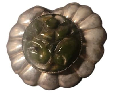 Carved Pierced Flower Dark Green Marbled Bakelite Brooch Pin Silver Toned Floral - Thumbnail 2