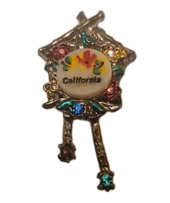 California Souvenir Cuckoo Clock Brooch Vintage Enamel Kitch - Image 1