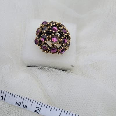Vintage Gold Tone Purple Rhinestone Cluster Dome Ring – Floral Band – Adjustable - Thumbnail 3
