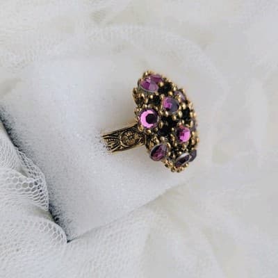 Vintage Gold Tone Purple Rhinestone Cluster Dome Ring – Floral Band – Adjustable - Thumbnail 2