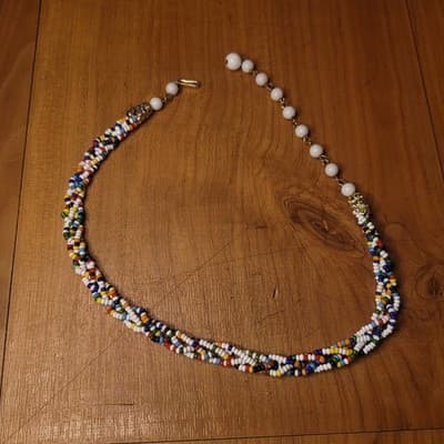 Vintage Hong Kong Multicolor Seed Bead Necklace | White Glass Beads | - Image 1