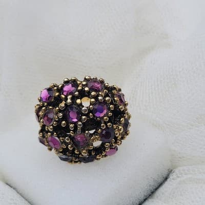 Vintage Gold Tone Purple Rhinestone Cluster Dome Ring – Floral Band – Adjustable - Thumbnail 7