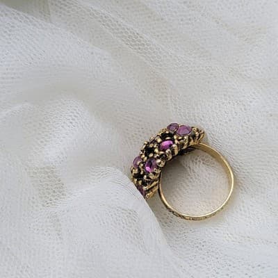 Vintage Gold Tone Purple Rhinestone Cluster Dome Ring – Floral Band – Adjustable - Thumbnail 8