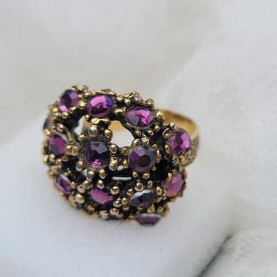 Vintage Gold Tone Purple Rhinestone Cluster Dome Ring – Floral Band – Adjustable - Image 1