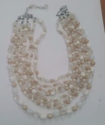 Vintage Japan 5 Strand Glass Bead Necklace Champagne Clear Silver Tone Clasp - Image 1