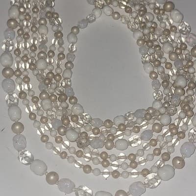 Vintage Japan 5 Strand Glass Bead Necklace Champagne Clear Silver Tone Clasp - Thumbnail 4
