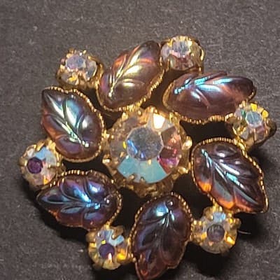 Vintage AB Rhinestone Leaf Brooch Gold Tone 1950s Glass Floral Pin - Image 1