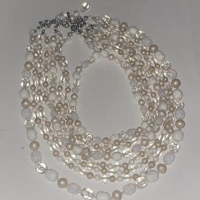 Vintage Japan 5 Strand Glass Bead Necklace Champagne Clear Silver Tone Clasp - Thumbnail 5