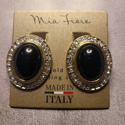 Vintage Mia Fiore Made in Italy Gold Tone Black Cabochon Rhinestone Clipon - Image 1