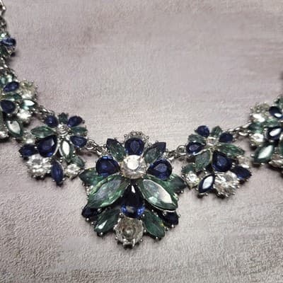 Charter Club Silver-Tone Blue Green Crystal Flower Statement Collar Necklace - Thumbnail 3