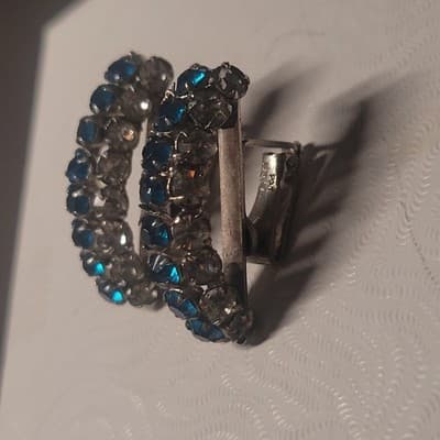 Vintage Napier PAT. Pend. Clip On Earrings Rhinestone Blue Silver Curved Huggy - Thumbnail 3