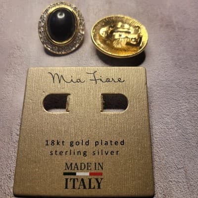 Vintage Mia Fiore Made in Italy Gold Tone Black Cabochon Rhinestone Clipon - Thumbnail 4