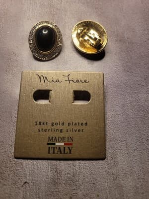 Vintage Mia Fiore Made in Italy Gold Tone Black Cabochon Rhinestone Clipon - Thumbnail 5