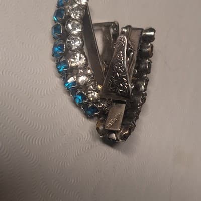 Vintage Napier PAT. Pend. Clip On Earrings Rhinestone Blue Silver Curved Huggy - Thumbnail 4