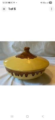 Vintage Watt Pottery #96 Yellow & Brown Drip Covered Casserole Dish 9" - Image 1