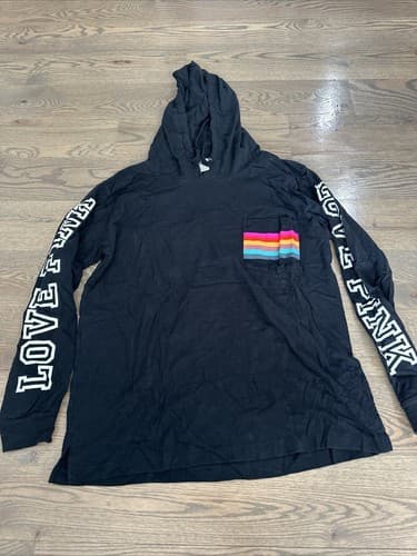 Victorias Secret PINK Womens Black Long Sleeve T-Shirt Hoodie Rainbow Flag M - Image 1