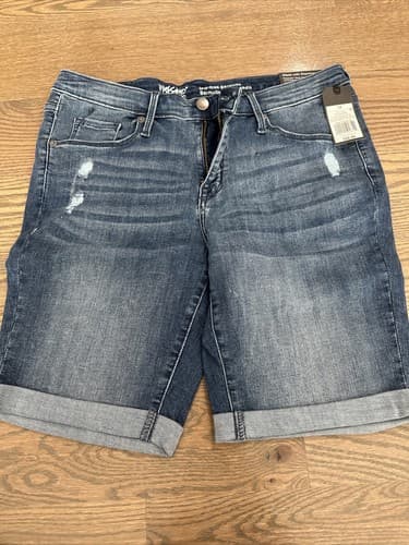 Messio Denim Shorts Womens Size 12 Blue Distressed Frayed Cuff Stretch Mid Rise - Image 1