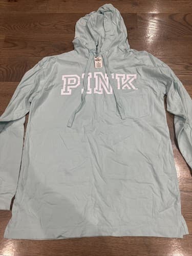 Victorias Secret PINK Womens Light Blue Long Sleeve T-Shirt Hoodie Size Small - Image 1